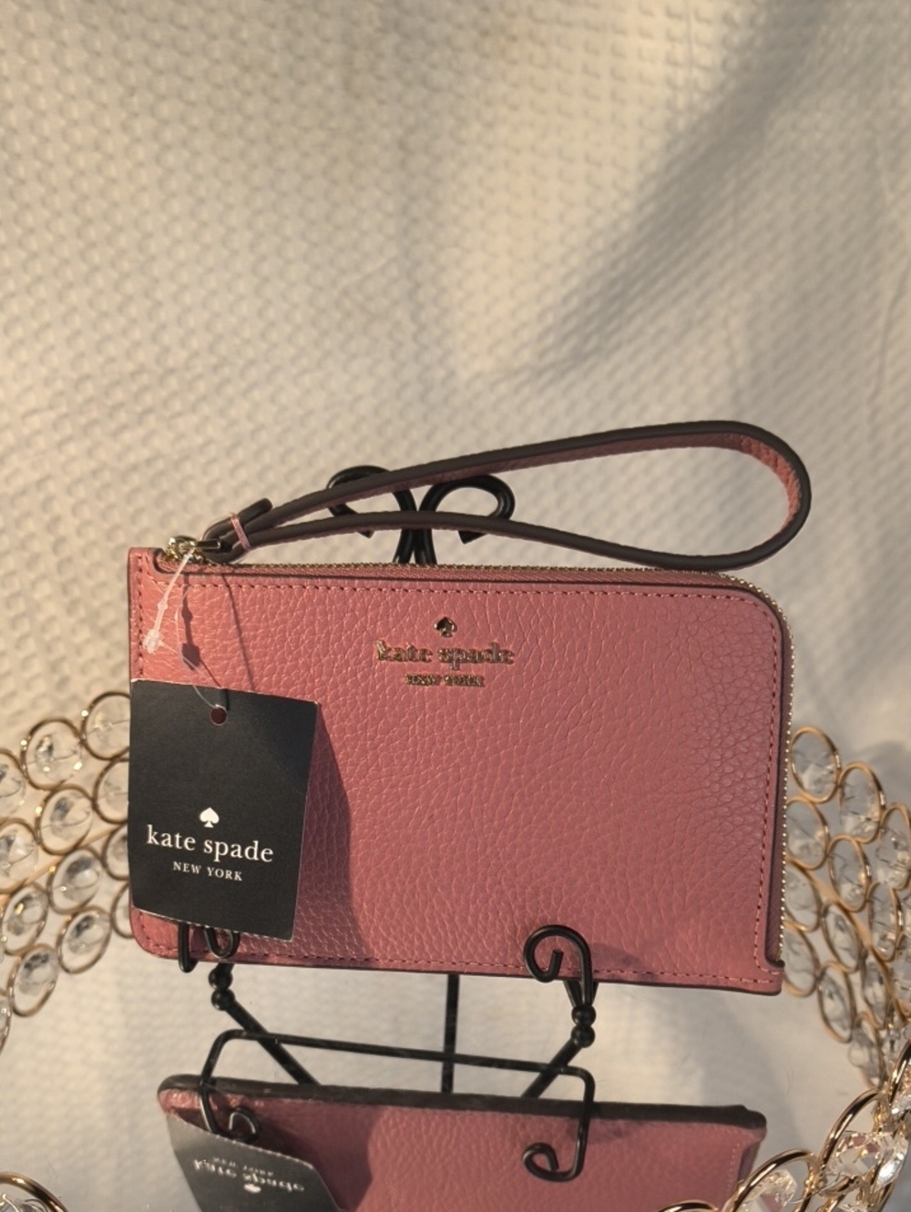 kate spade Pink Pomegranite Pebbled Leather Lucy Wristlet with Gold Logo